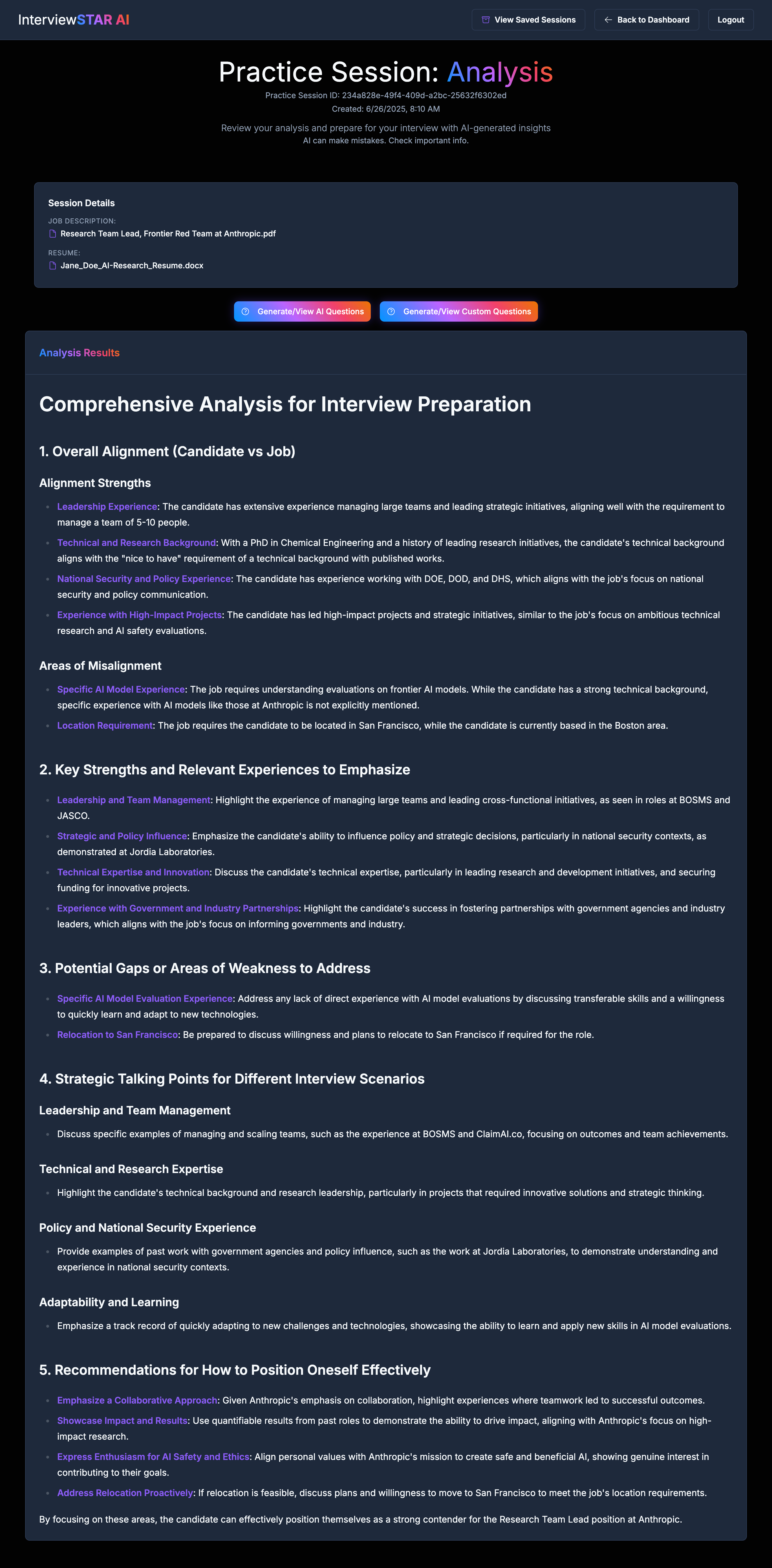 Scrolling view of AI-generated interview questions.